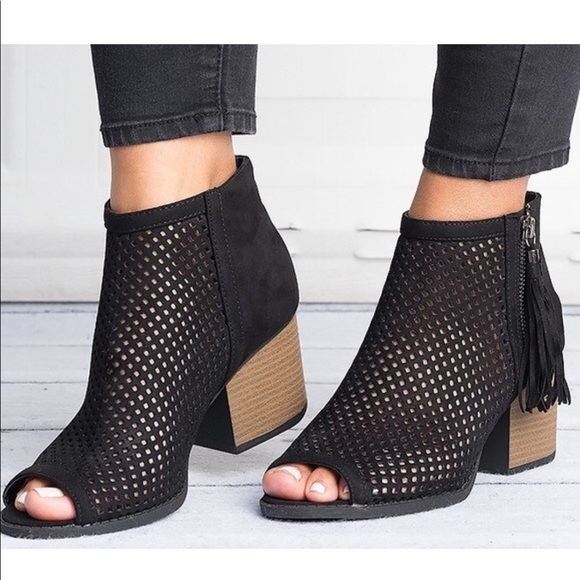 Shoes - NATALIA Perforated Peep Toe Block Heel
